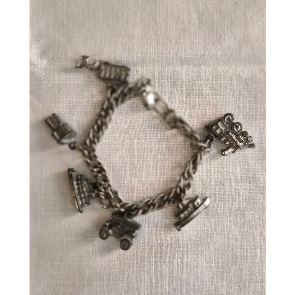 Vintage‎ Antique Transportation 6 Charm Bracelet Silver Tone 1960s